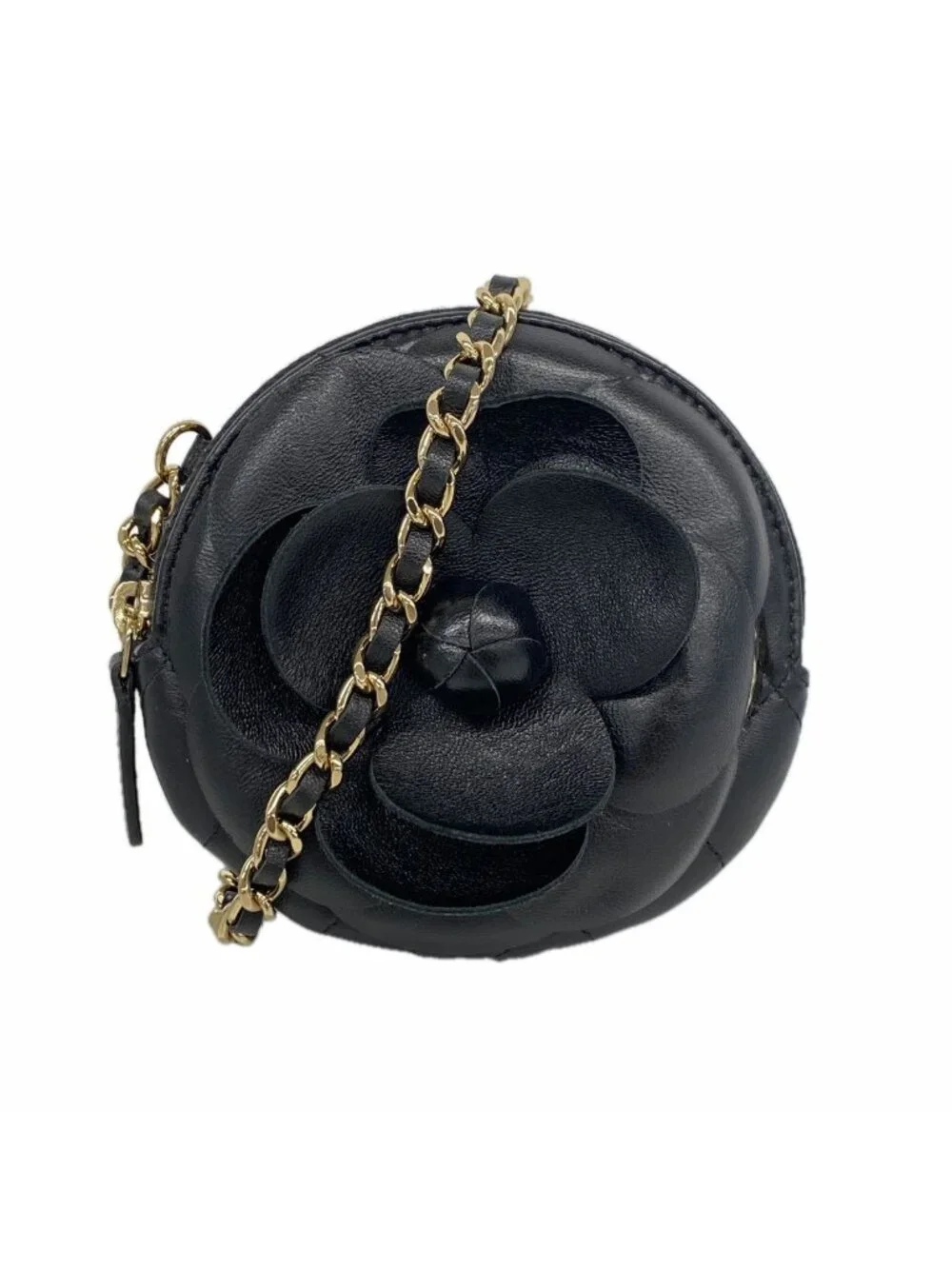 Chanel Shoulder Bag Camellia Lambskin Black Champagne Gold